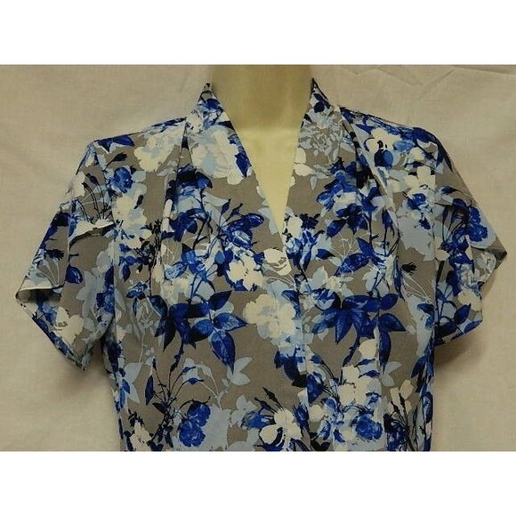 Calvin Klein Womens Blouse Size XS Blue & Gray Floral with Petal Sleeves - Picture 2 of 15